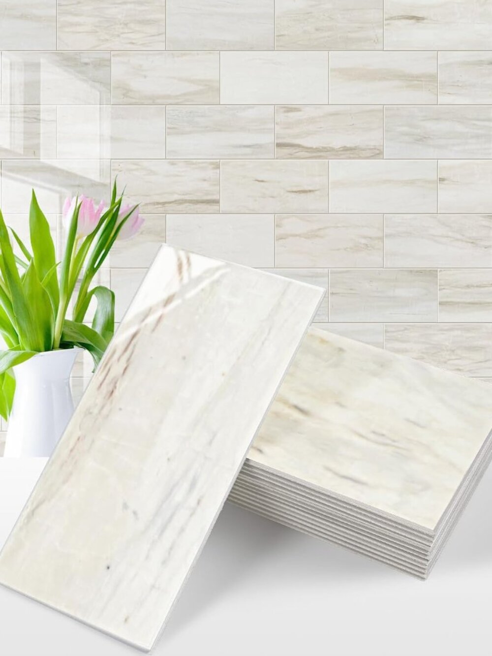 100-Piece Glossy Wooden Marble Grain Peel and Stick Backsplash Tile,3''x6'' PVC